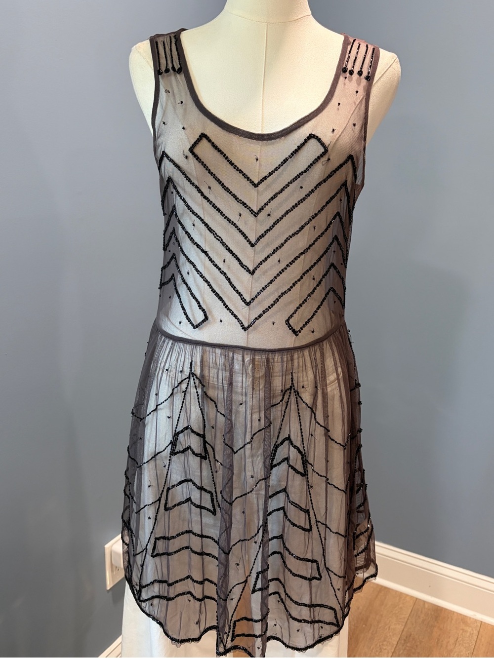Free People Beaded Sheer Mesh Dress Art Deco Sleeveless Mini